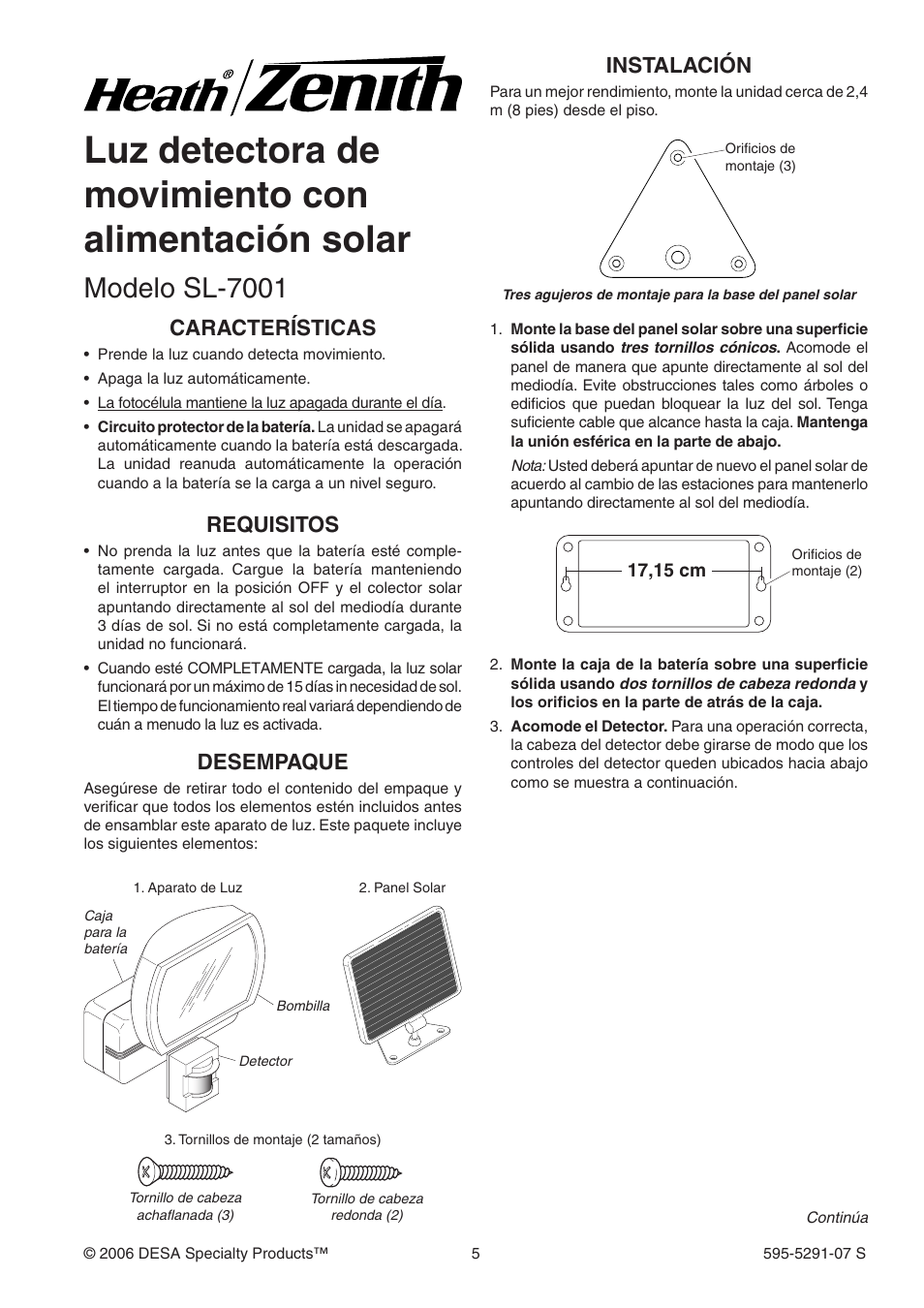 Luz detectora de movimiento con alimentación solar, Modelo sl-7001, Desempaque | Instalación, Características, Requisitos | Heath Zenith HEATH SL-7001 User Manual | Page 5 / 12