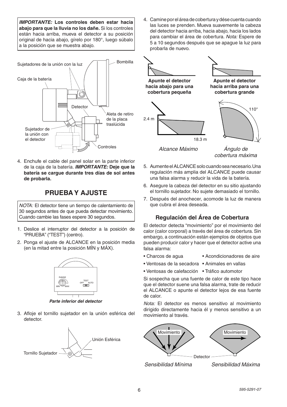 Prueba y ajuste, Regulación del área de cobertura | Heath Zenith HEATH SL-7001 User Manual | Page 6 / 12