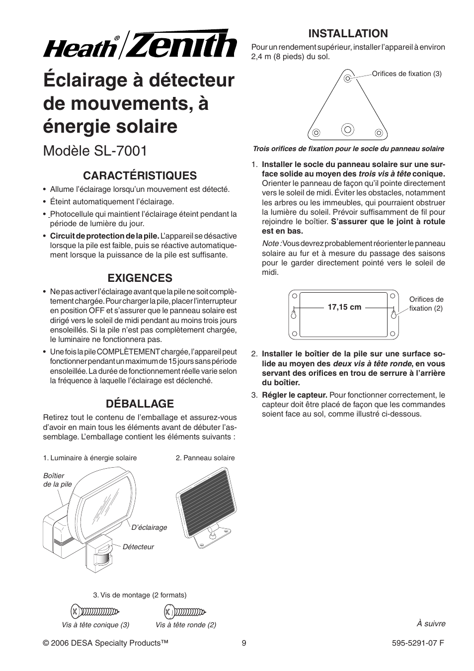 Modèle sl-7001, Déballage, Installation | Caractéristiques, Exigences | Heath Zenith HEATH SL-7001 User Manual | Page 9 / 12