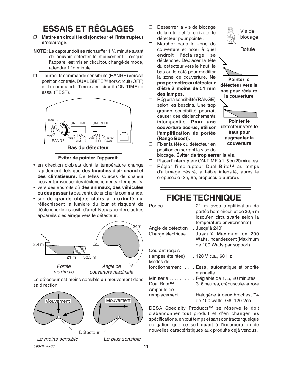 Fiche technique, Essais et réglages | Heath Zenith DUAL BRITE SL-5597 User Manual | Page 11 / 12