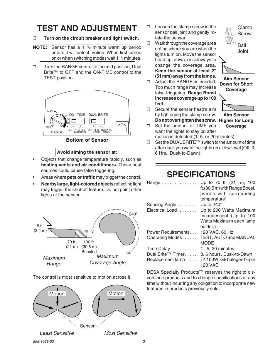 Specifications, Test and adjustment | Heath Zenith DUAL BRITE SL-5597 User Manual | Page 3 / 12