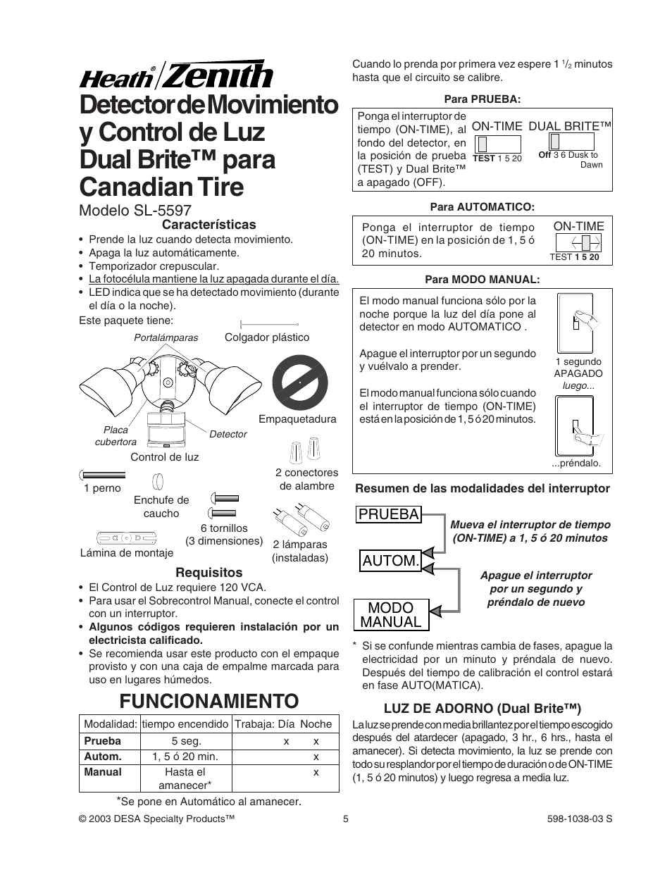 Funcionamiento, Modelo sl-5597, Prueba autom. modo manual | Heath Zenith DUAL BRITE SL-5597 User Manual | Page 5 / 12