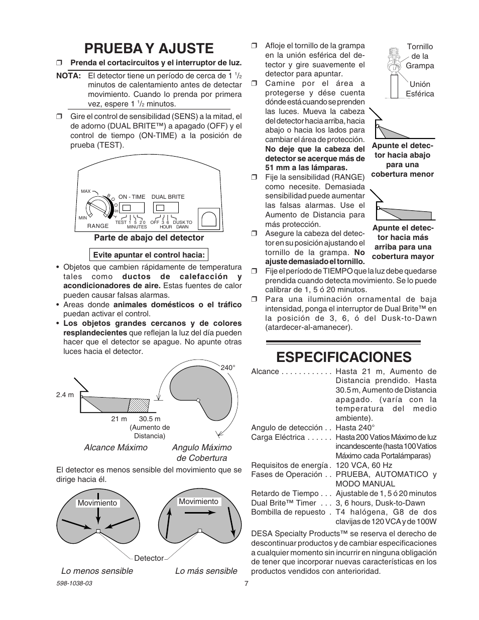 Especificaciones, Prueba y ajuste | Heath Zenith DUAL BRITE SL-5597 User Manual | Page 7 / 12