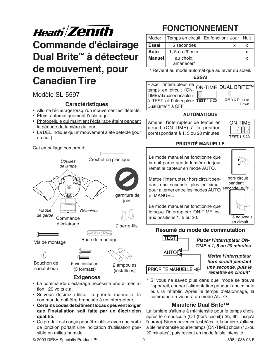 Commande d'éclairage dual brite, À détecteur de mouvement, pour canadian tire, Fonctionnement | Modèle sl-5597 | Heath Zenith DUAL BRITE SL-5597 User Manual | Page 9 / 12