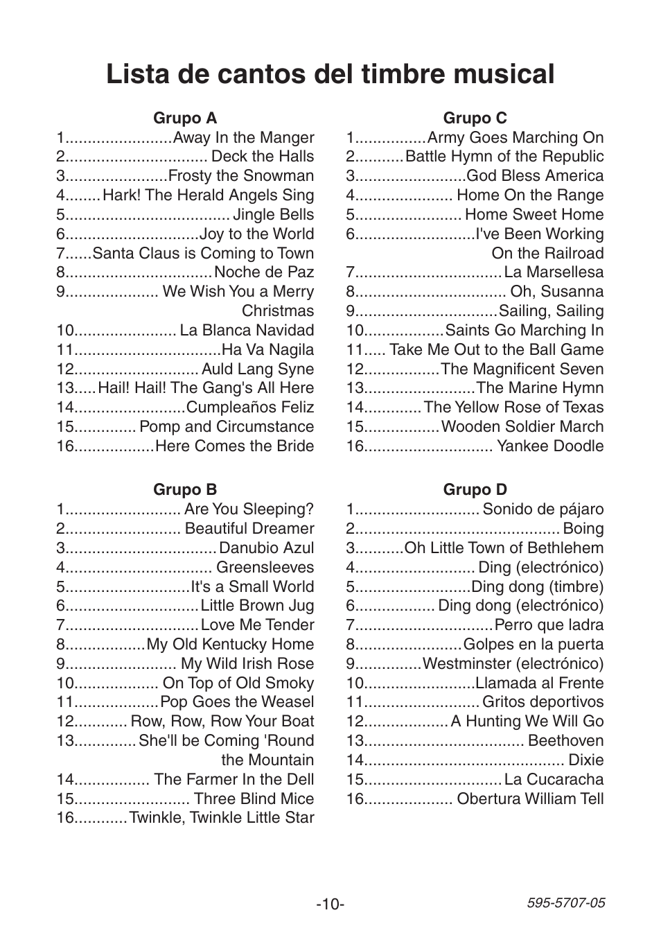 Lista de cantos del timbre musical | Heath Zenith Wireless Musical Chime SL-6164 User Manual | Page 10 / 20