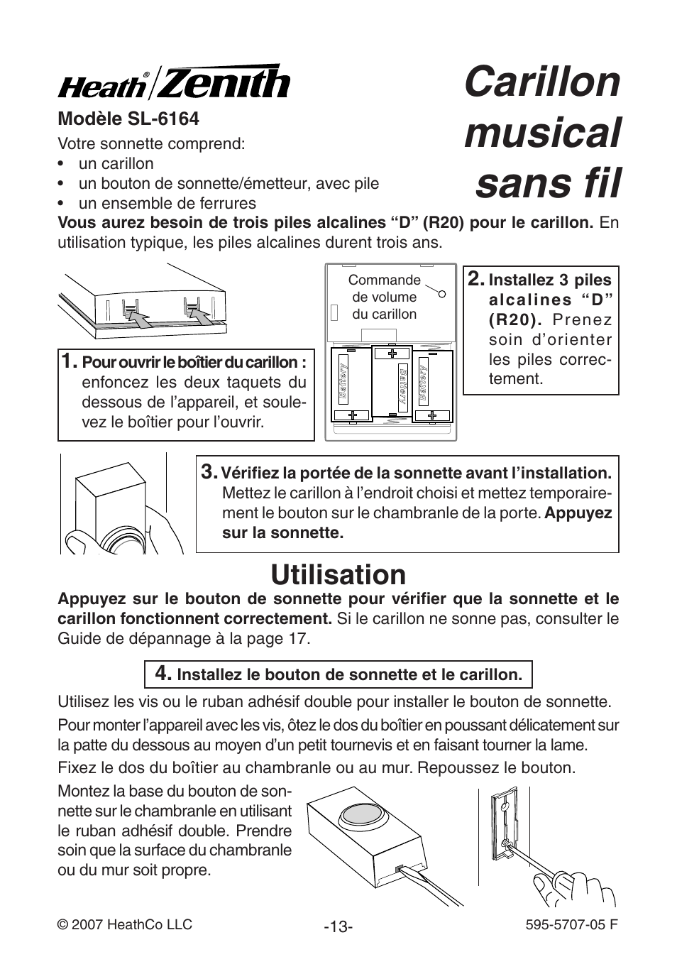 Carillon musical sans fil, Utilisation, Modèle sl-6164 | Heath Zenith Wireless Musical Chime SL-6164 User Manual | Page 13 / 20