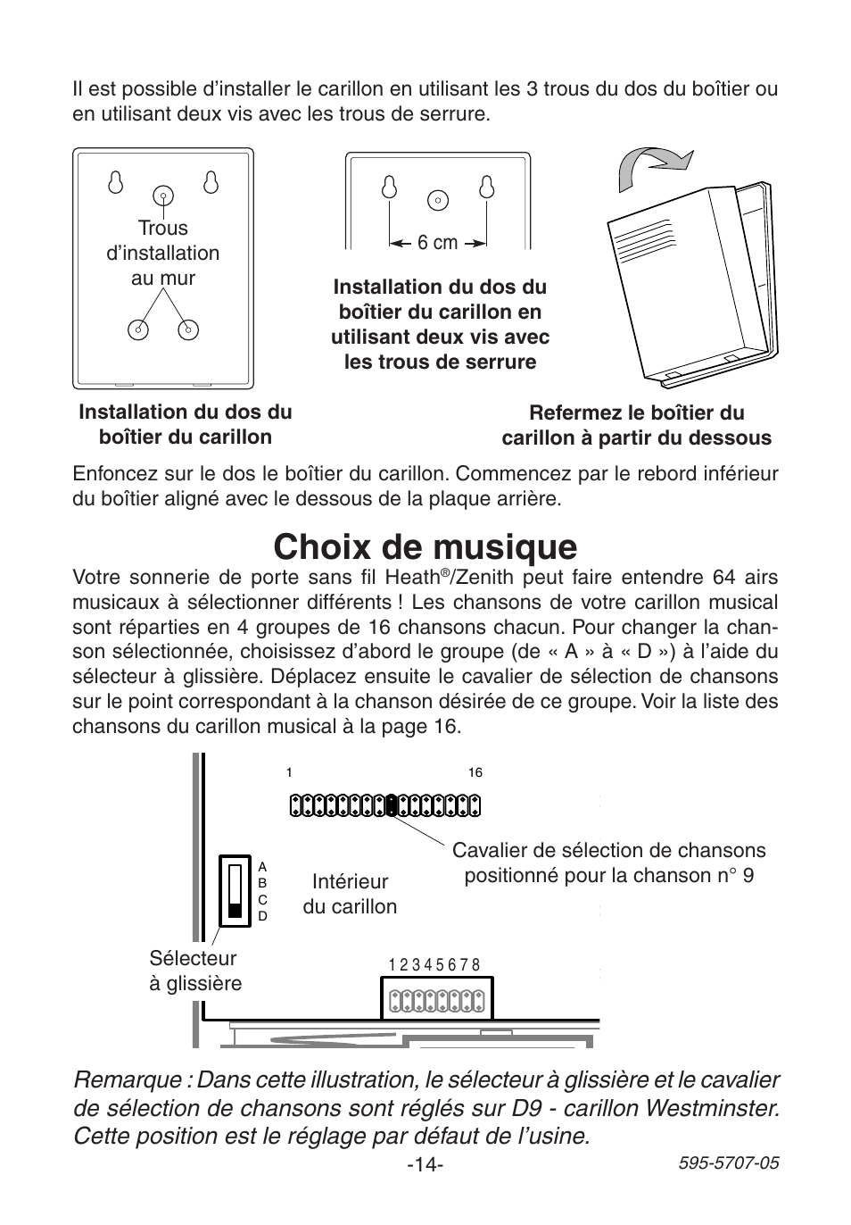 Ba tt e ry b a tt e ry b a tt e ry, Choix de musique | Heath Zenith Wireless Musical Chime SL-6164 User Manual | Page 14 / 20