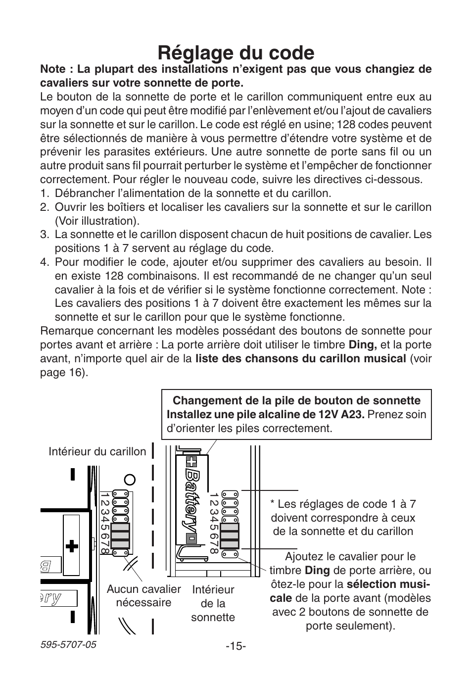 Réglage du code, Battery, Battery ba tte ry | Heath Zenith Wireless Musical Chime SL-6164 User Manual | Page 15 / 20