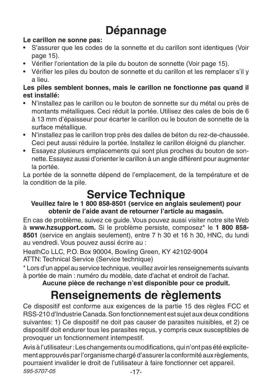 Dépannage, Service technique, Renseignements de règlements | Heath Zenith Wireless Musical Chime SL-6164 User Manual | Page 17 / 20
