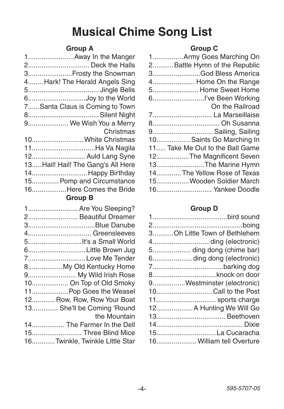 Musical chime song list | Heath Zenith Wireless Musical Chime SL-6164 User Manual | Page 4 / 20