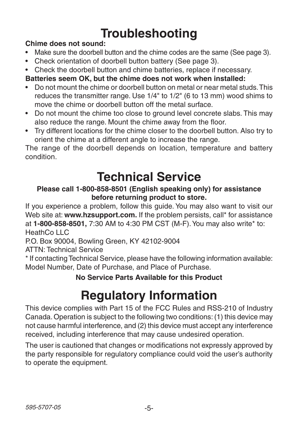 Troubleshooting, Regulatory information, Technical service | Heath Zenith Wireless Musical Chime SL-6164 User Manual | Page 5 / 20