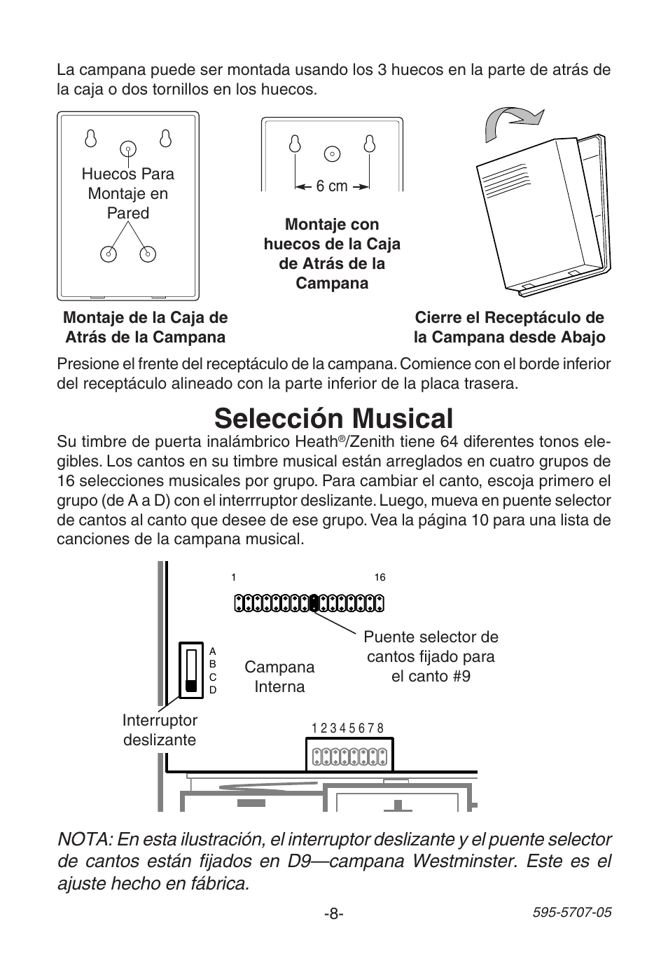 Ba tt e ry b a tt e ry b a tt e ry, Selección musical | Heath Zenith Wireless Musical Chime SL-6164 User Manual | Page 8 / 20