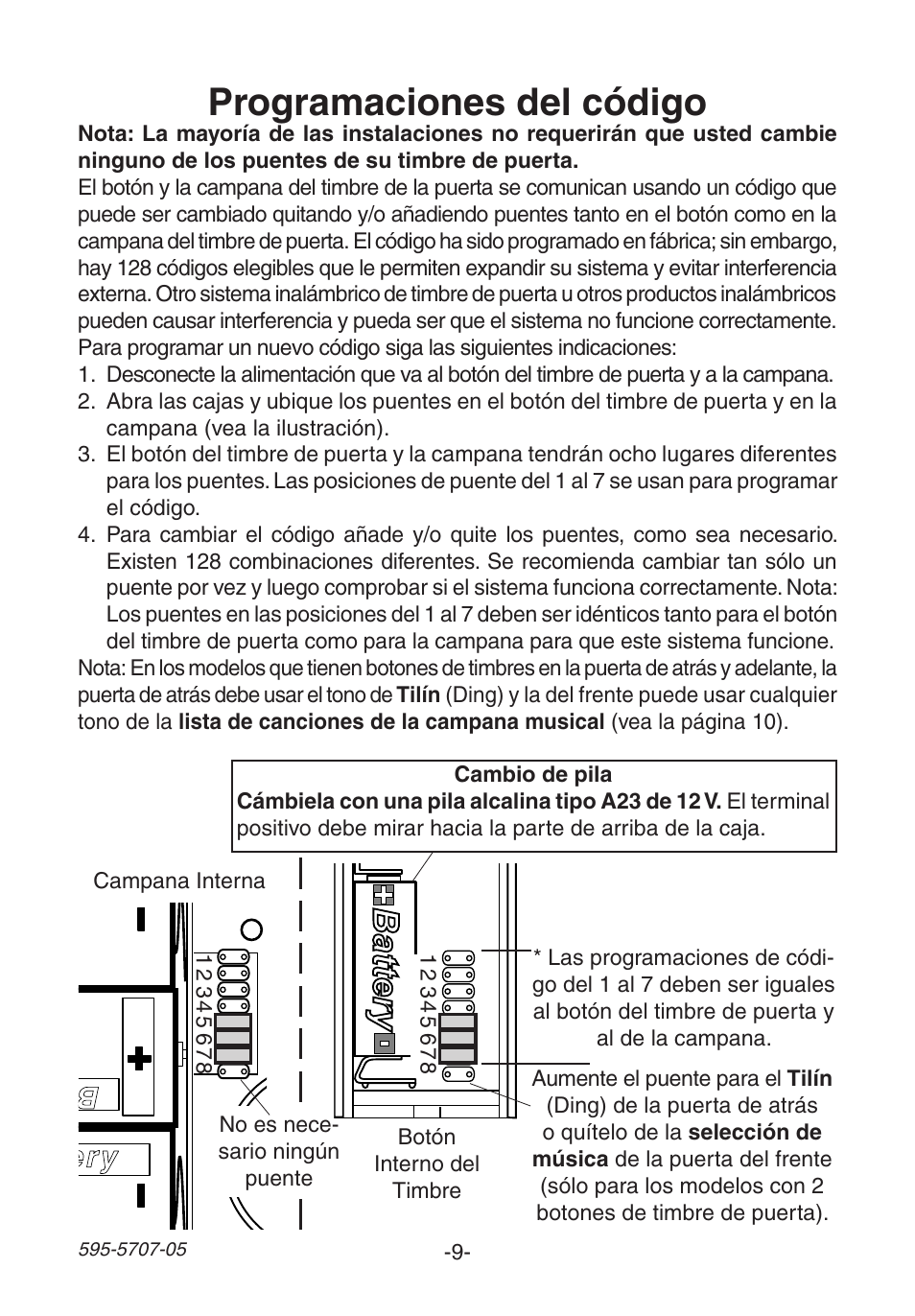 Programaciones del código, Battery, Battery ba tte ry | Heath Zenith Wireless Musical Chime SL-6164 User Manual | Page 9 / 20