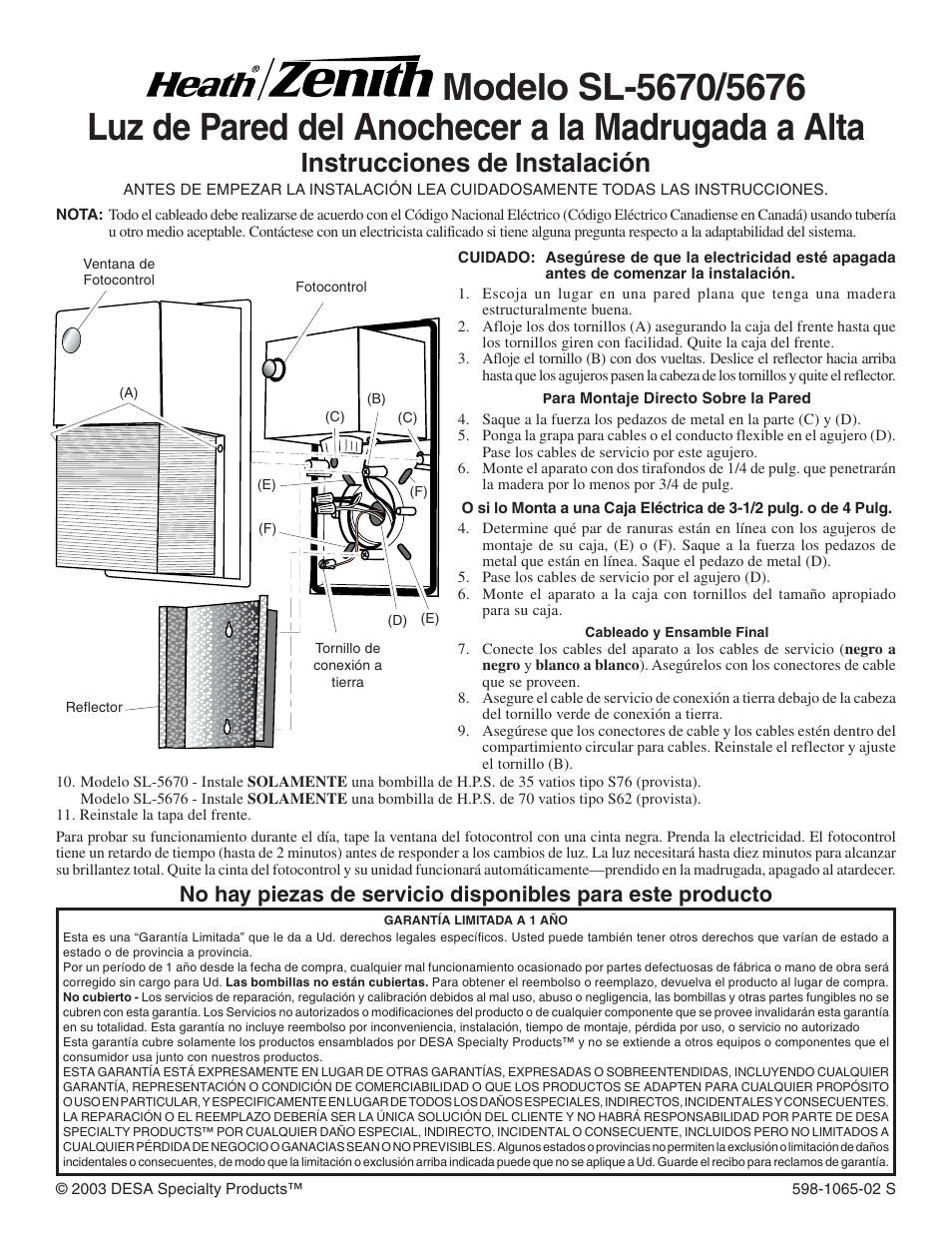 Instrucciones de instalación | Heath Zenith SL-5670 User Manual | Page 2 / 3