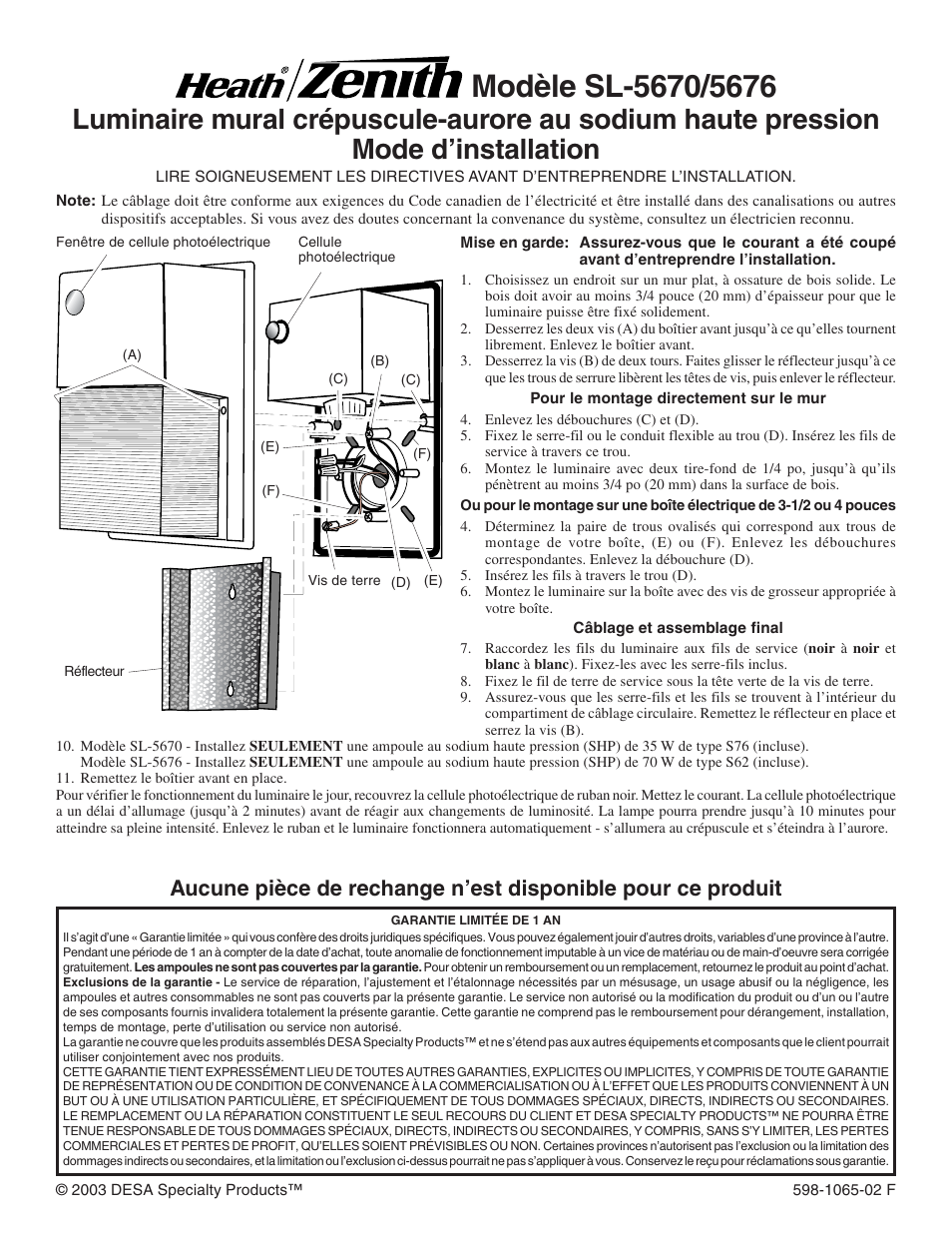 Mode d’installation | Heath Zenith SL-5670 User Manual | Page 3 / 3