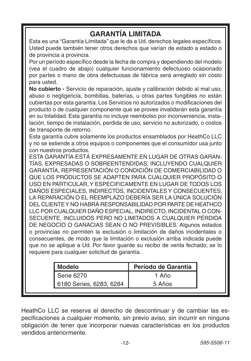 Garantía limitada | Heath Zenith Decorative Wireless Chime 6270 User Manual | Page 12 / 24