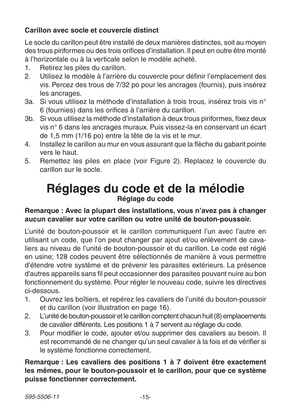 Réglages du code et de la mélodie | Heath Zenith Decorative Wireless Chime 6270 User Manual | Page 15 / 24