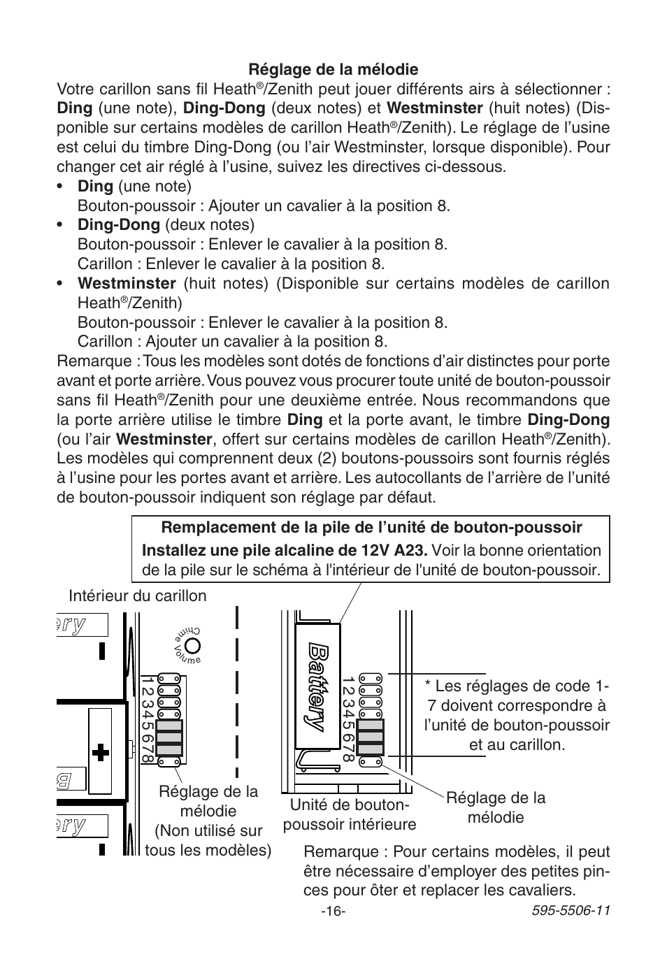 Battery, Battery ba tte ry | Heath Zenith Decorative Wireless Chime 6270 User Manual | Page 16 / 24