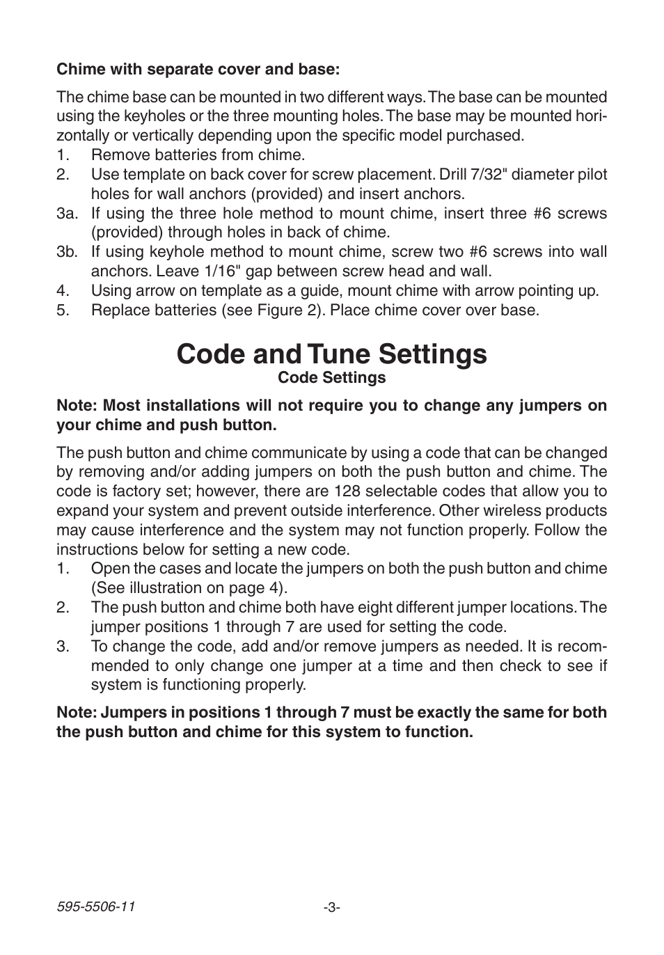 Code and tune settings | Heath Zenith Decorative Wireless Chime 6270 User Manual | Page 3 / 24