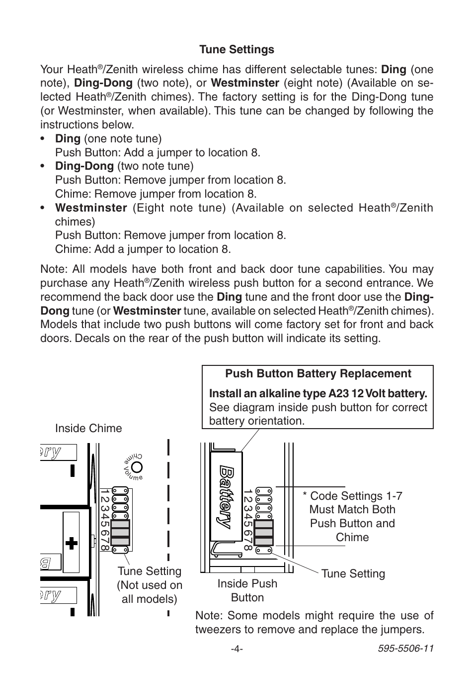 Battery, Battery ba tte ry | Heath Zenith Decorative Wireless Chime 6270 User Manual | Page 4 / 24