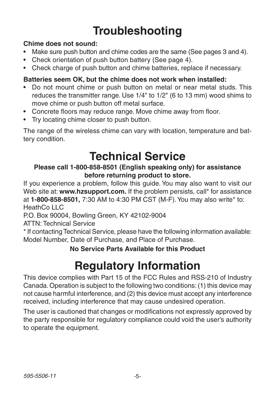 Troubleshooting, Regulatory information, Technical service | Heath Zenith Decorative Wireless Chime 6270 User Manual | Page 5 / 24