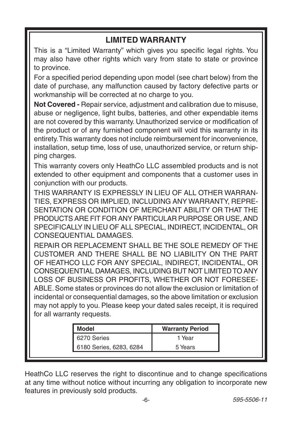 Limited warranty | Heath Zenith Decorative Wireless Chime 6270 User Manual | Page 6 / 24