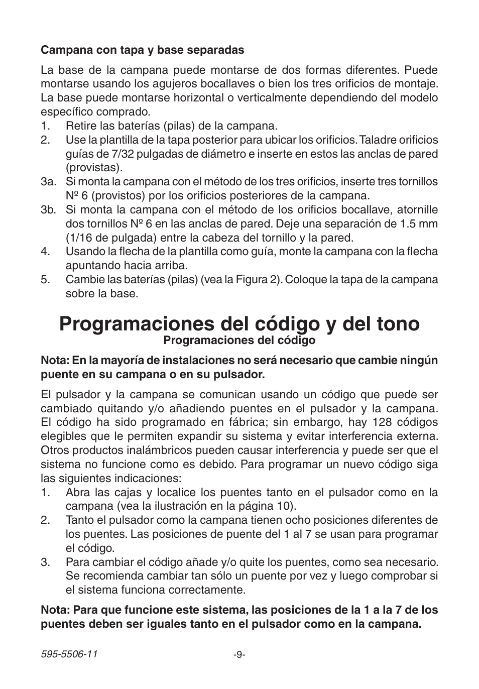 Programaciones del código y del tono | Heath Zenith Decorative Wireless Chime 6270 User Manual | Page 9 / 24