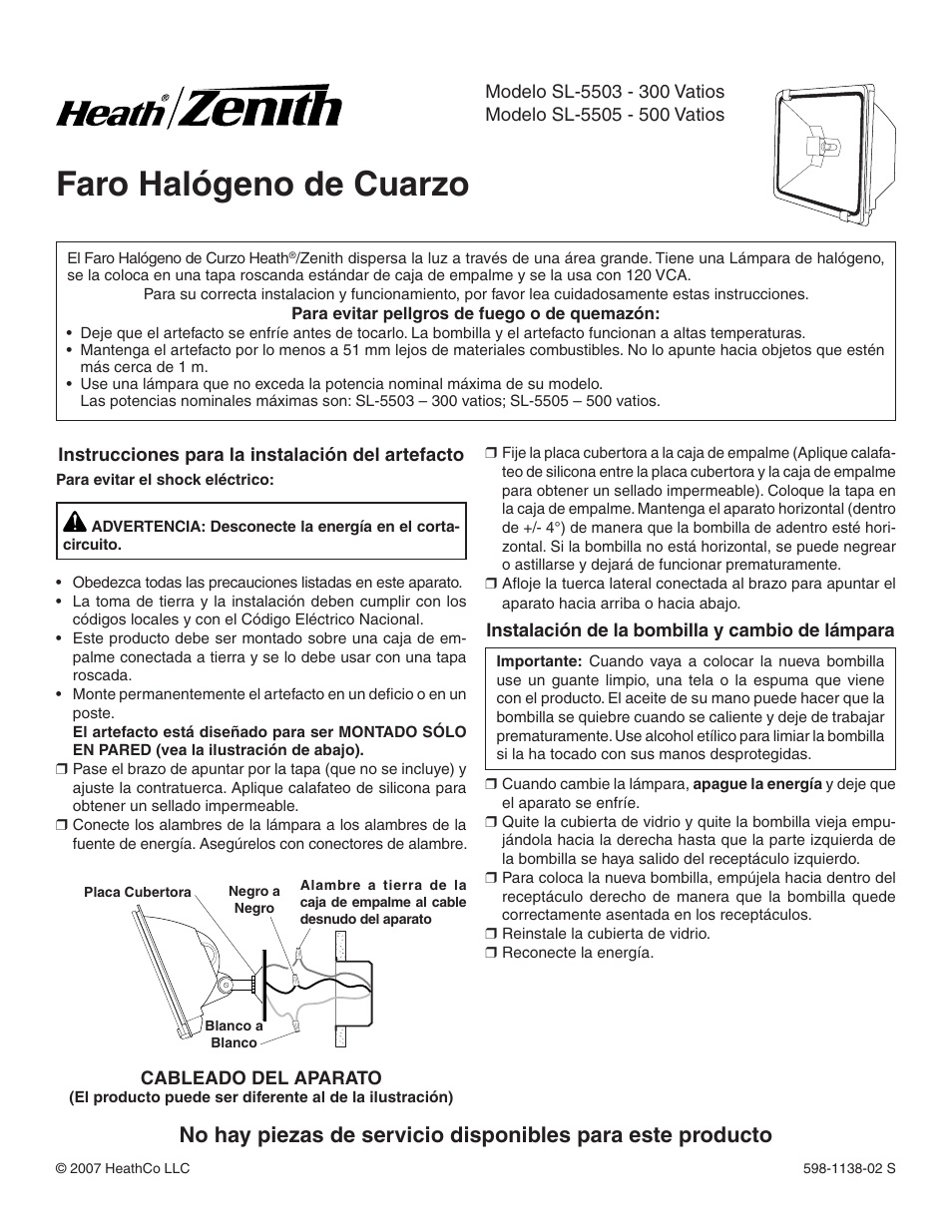 Faro halógeno de cuarzo | Heath Zenith SL-5503 User Manual | Page 2 / 4
