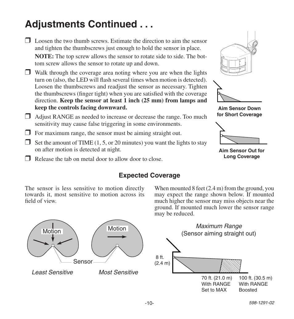 Adjustments continued | Heath Zenith Motion SenSing Halogen Security Light UT-9260-WH User Manual | Page 10 / 42