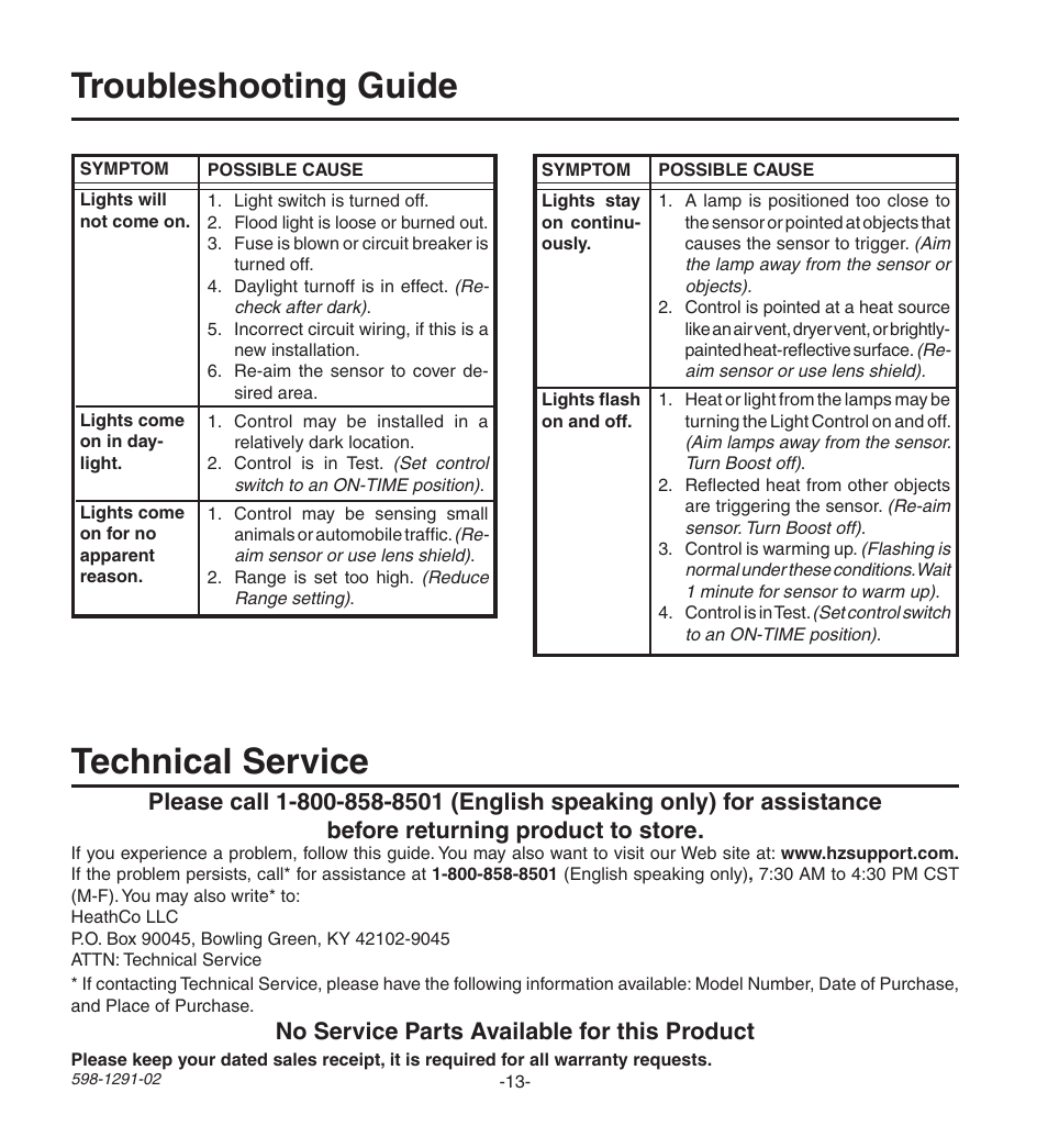 Troubleshooting guide technical service, No service parts available for this product | Heath Zenith Motion SenSing Halogen Security Light UT-9260-WH User Manual | Page 13 / 42