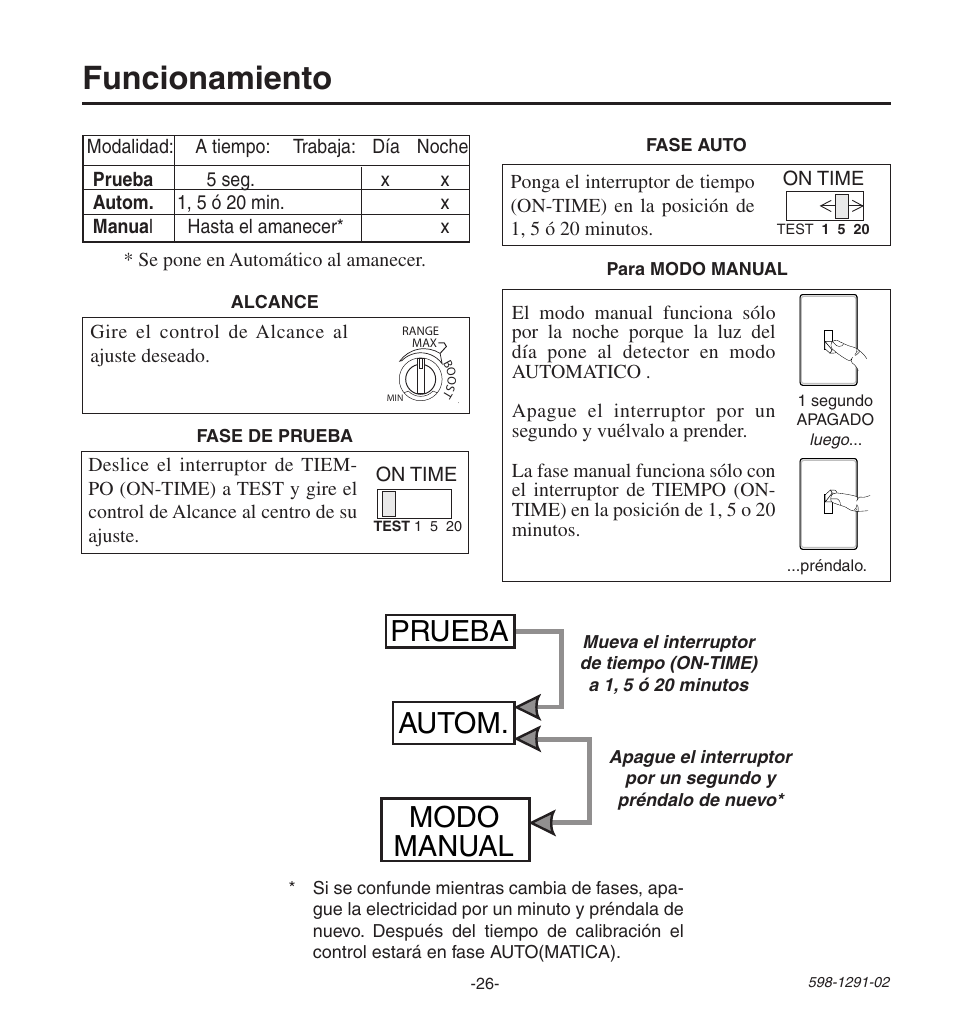 Funcionamiento, Prueba autom. modo manual | Heath Zenith Motion SenSing Halogen Security Light UT-9260-WH User Manual | Page 26 / 42