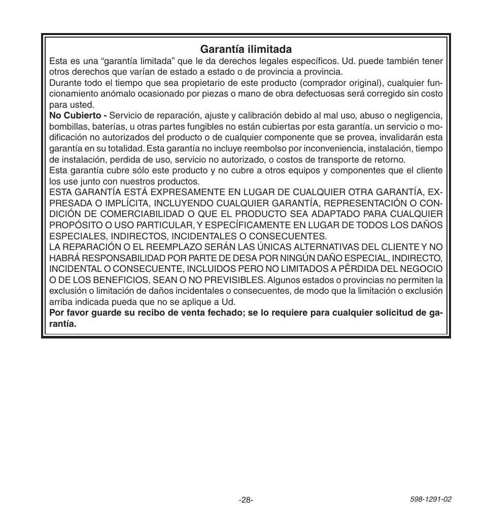 Garantía ilimitada | Heath Zenith Motion SenSing Halogen Security Light UT-9260-WH User Manual | Page 28 / 42