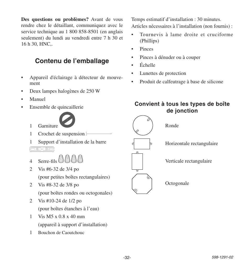 Contenu de l’emballage | Heath Zenith Motion SenSing Halogen Security Light UT-9260-WH User Manual | Page 32 / 42