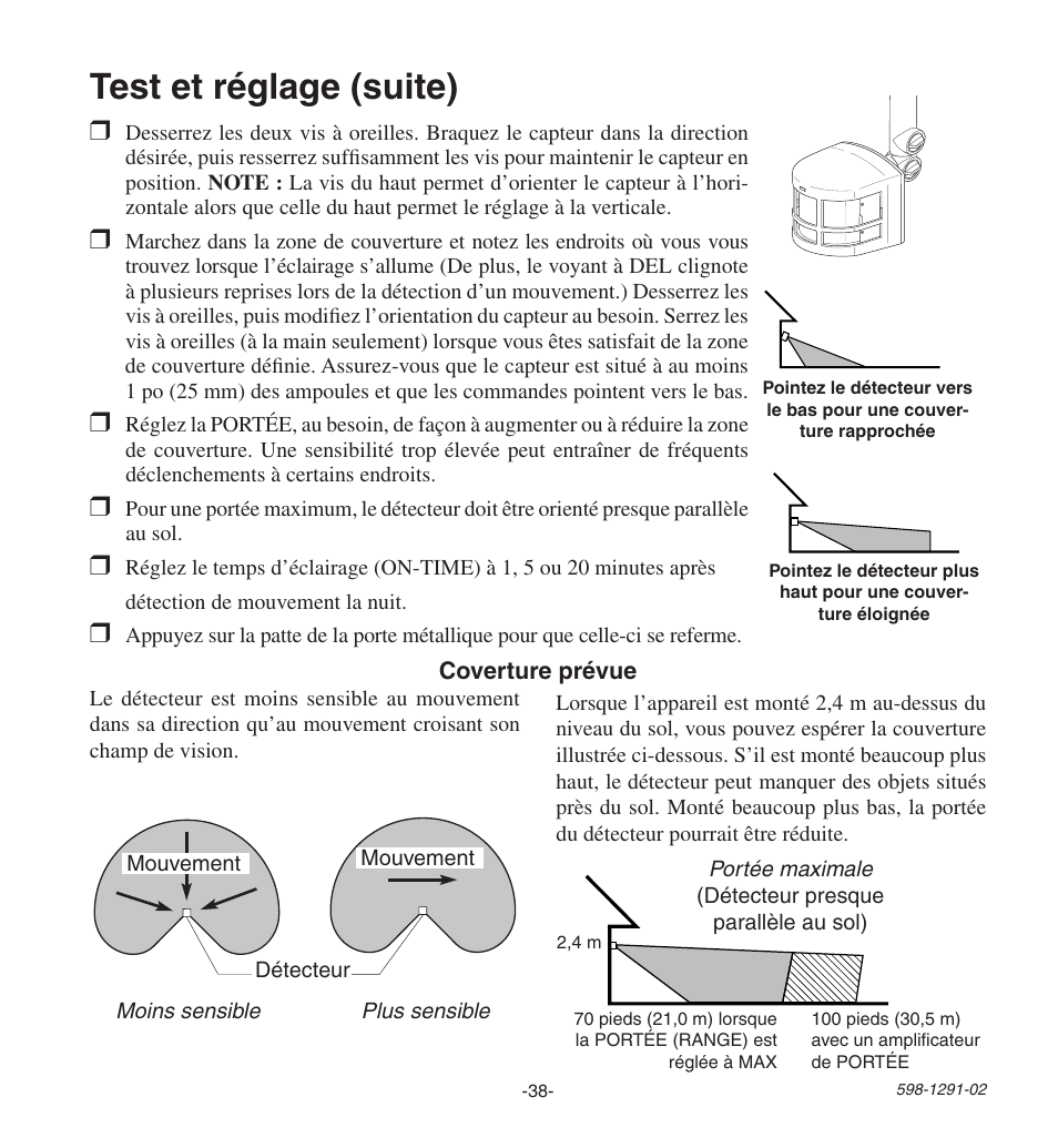 Test et réglage (suite) | Heath Zenith Motion SenSing Halogen Security Light UT-9260-WH User Manual | Page 38 / 42