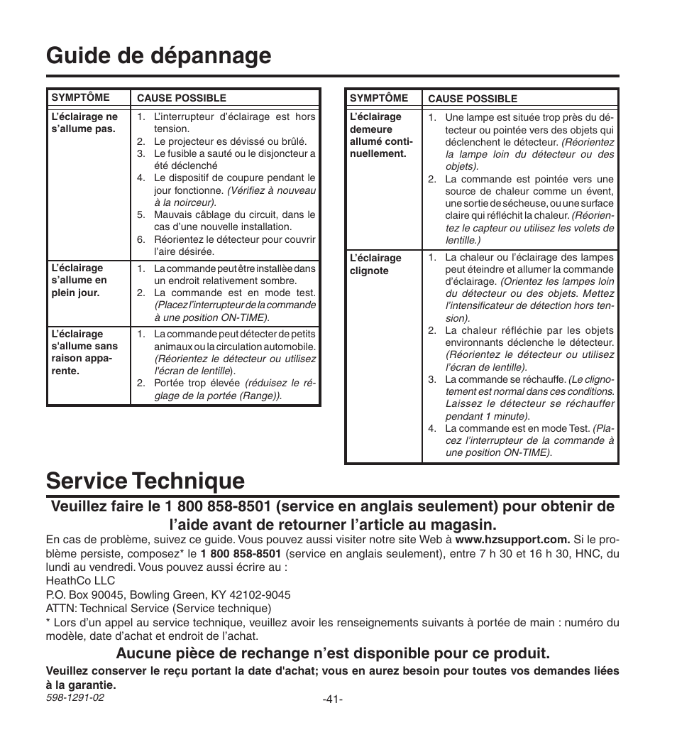 Guide de dépannage service technique | Heath Zenith Motion SenSing Halogen Security Light UT-9260-WH User Manual | Page 41 / 42