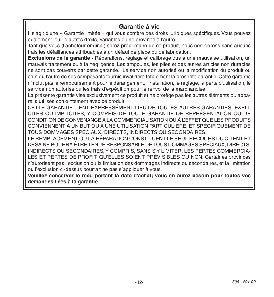 Garantie à vie | Heath Zenith Motion SenSing Halogen Security Light UT-9260-WH User Manual | Page 42 / 42
