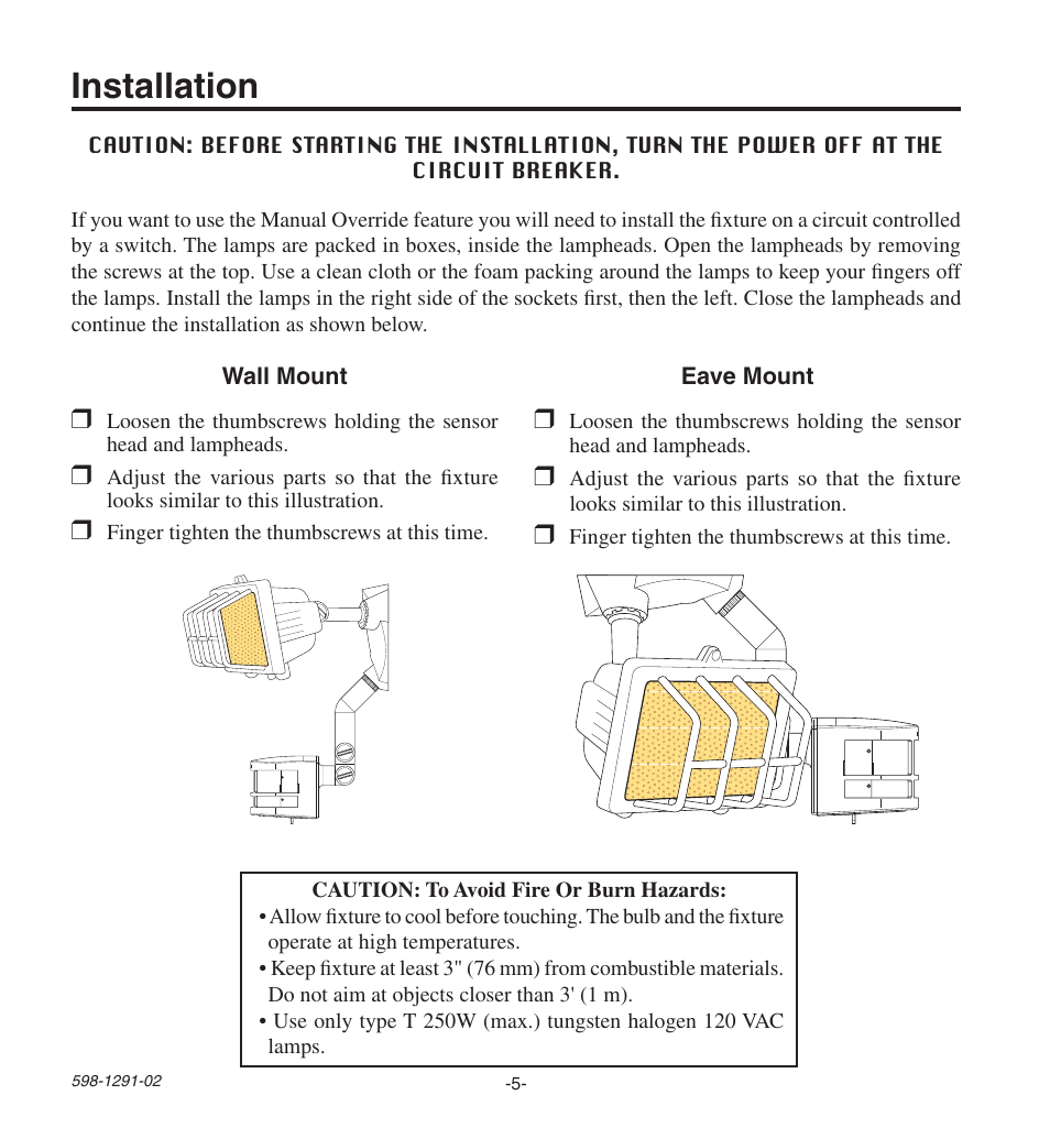 Installation | Heath Zenith Motion SenSing Halogen Security Light UT-9260-WH User Manual | Page 5 / 42