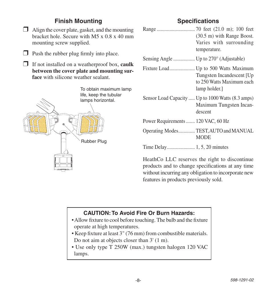 Heath Zenith Motion SenSing Halogen Security Light UT-9260-WH User Manual | Page 8 / 42