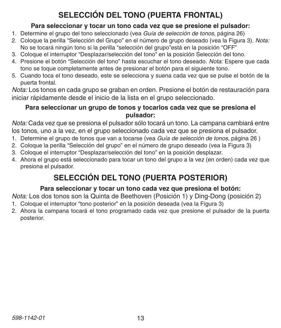 Selección del tono (puerta frontal), Selección del tono (puerta posterior) | Heath Zenith 121AC User Manual | Page 13 / 28