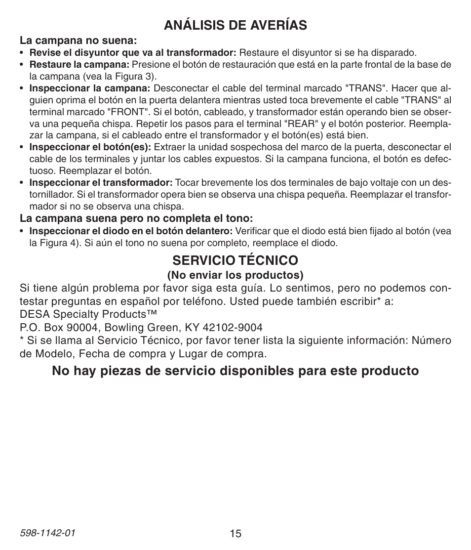 Análisis de averías, Servicio técnico | Heath Zenith 121AC User Manual | Page 15 / 28