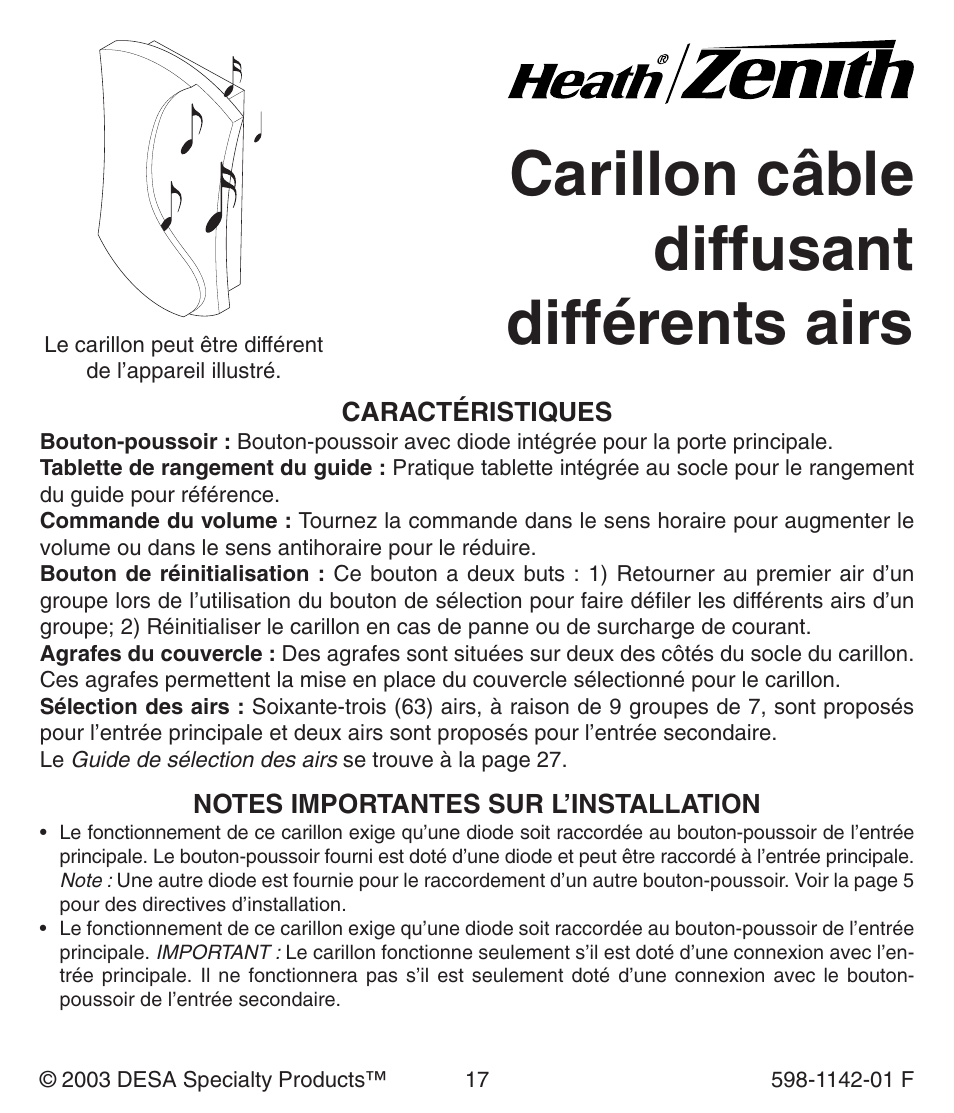 Carillon câble diffusant différents airs | Heath Zenith 121AC User Manual | Page 17 / 28