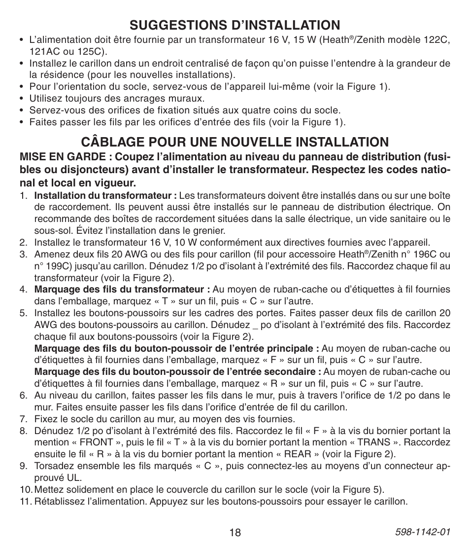 Suggestions d’installation, Câblage pour une nouvelle installation | Heath Zenith 121AC User Manual | Page 18 / 28
