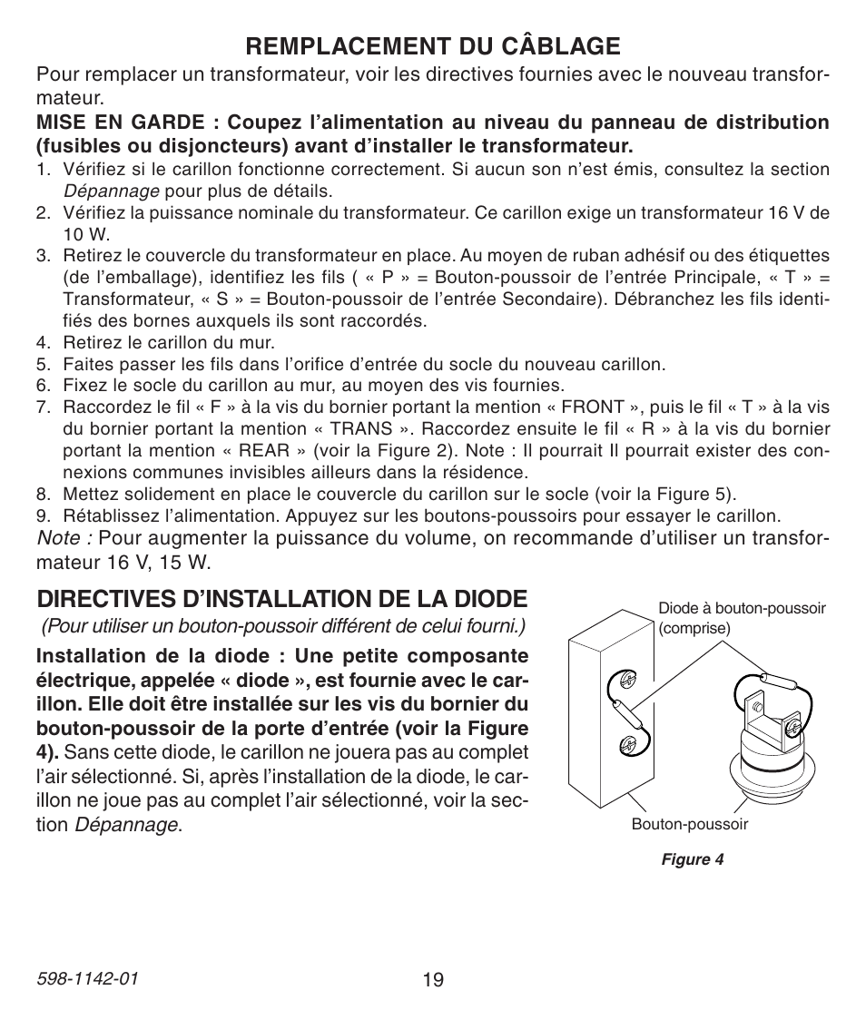 Remplacement du câblage, Directives d’installation de la diode | Heath Zenith 121AC User Manual | Page 19 / 28