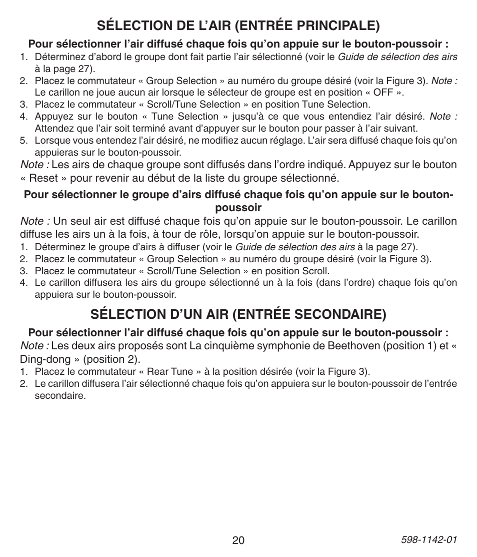 Sélection de l’air (entrée principale), Sélection d’un air (entrée secondaire) | Heath Zenith 121AC User Manual | Page 20 / 28