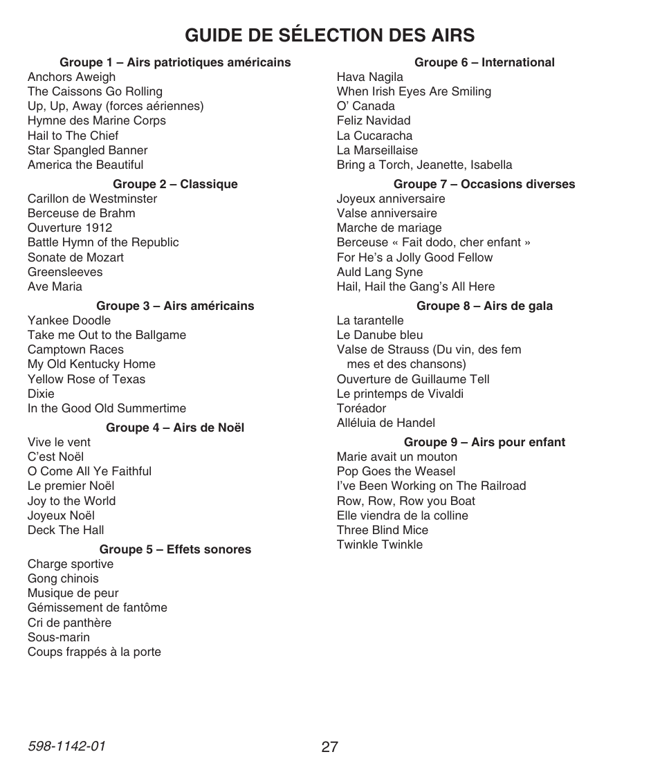 Guide de sélection des airs | Heath Zenith 121AC User Manual | Page 27 / 28