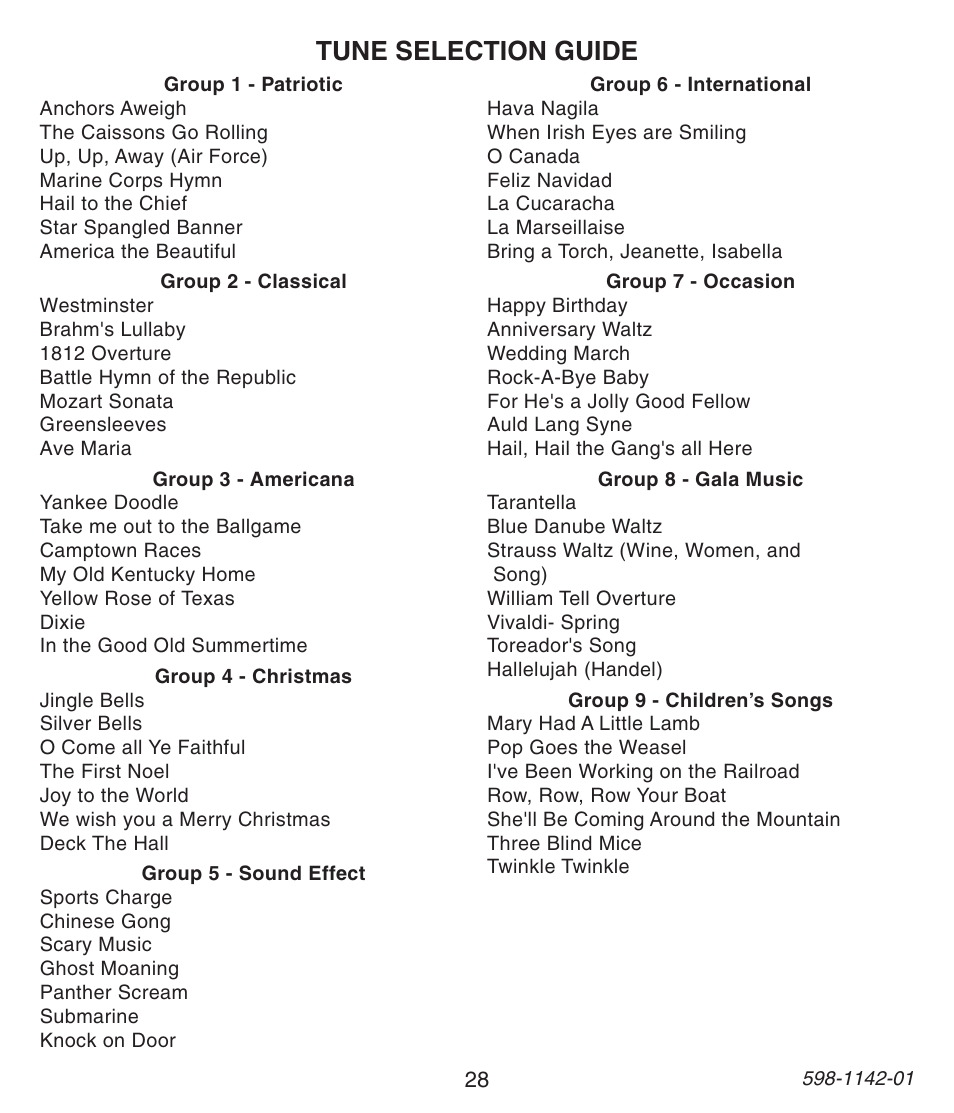 Tune selection guide | Heath Zenith 121AC User Manual | Page 28 / 28