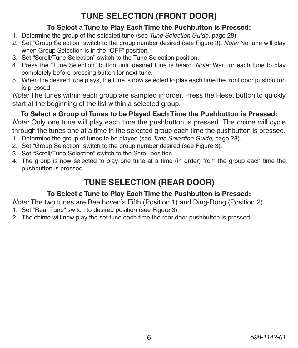 Tune selection (front door), Tune selection (rear door) | Heath Zenith 121AC User Manual | Page 6 / 28