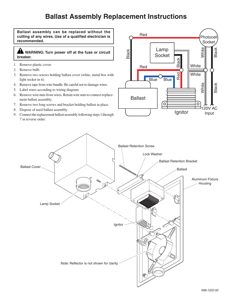 Ballast assembly replacement instructions, Lamp socket, Ballast ignitor | Heath Zenith SL-5676 User Manual | Page 2 / 8