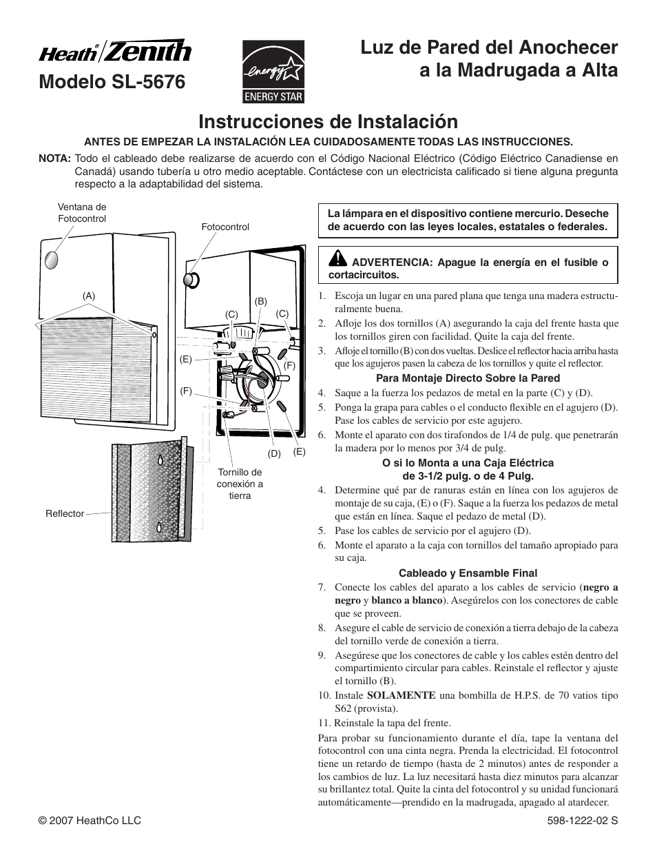 Instrucciones de instalación | Heath Zenith SL-5676 User Manual | Page 3 / 8