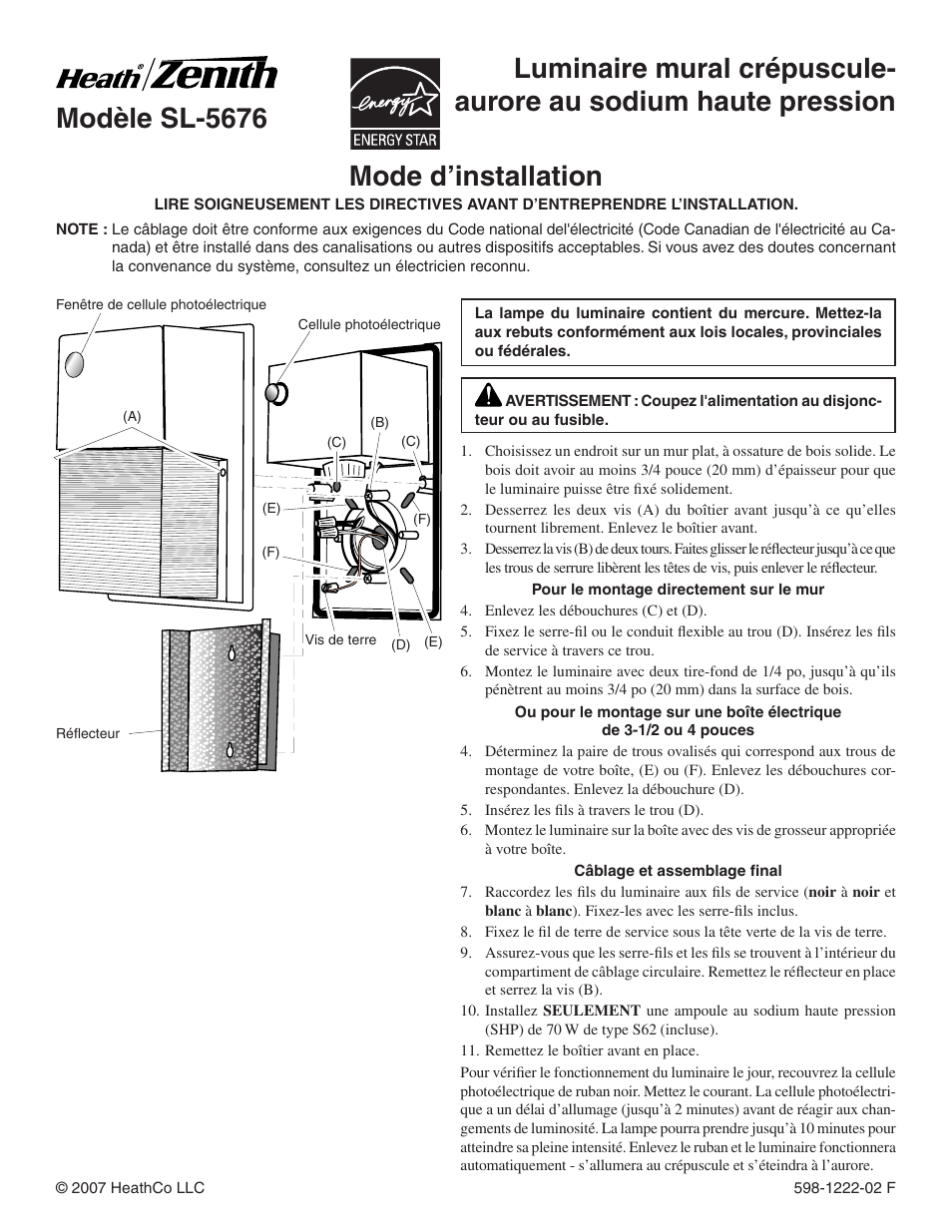Mode d’installation | Heath Zenith SL-5676 User Manual | Page 5 / 8